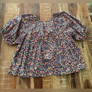Old Navy Red and Blue Floral Puff Sleeve Blouse Size Medium